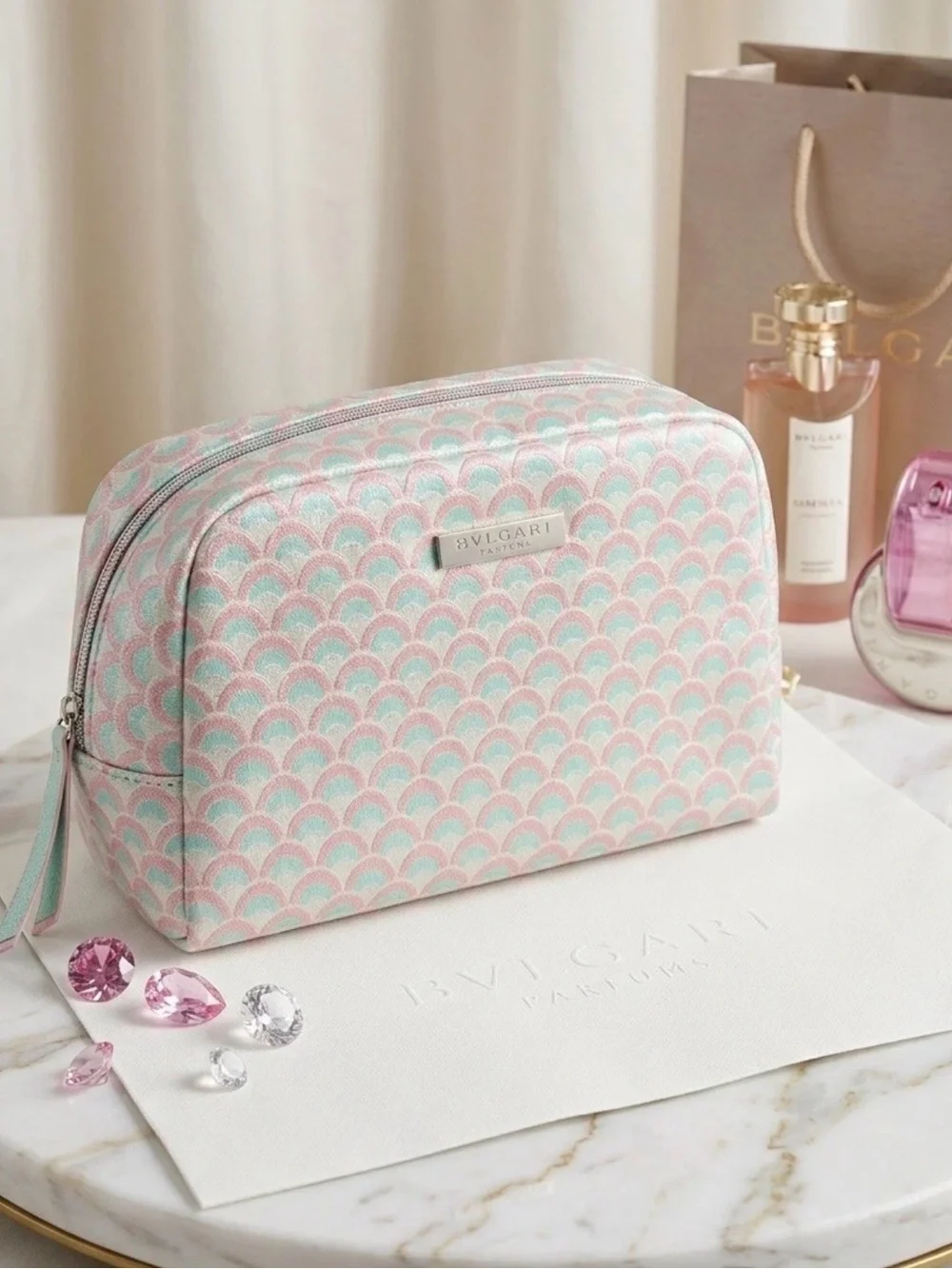 BVLGARI Toiletries Bag pastel pink & light blue quilted cosmetic pouch Authentic